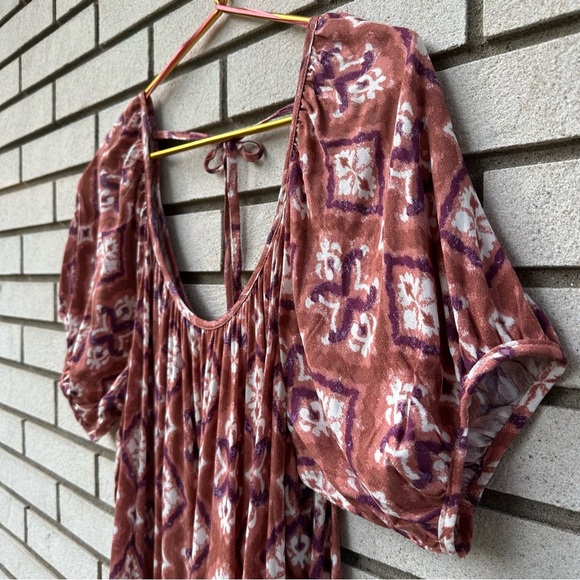 Knox Rose Rust Purple Ikat Puff Sleeve Tiered Midi Dress Pockets Tie Back Size L - Picture 5 of 13